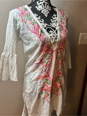Miss June Paris Size 1 S/M White Embroidered Tunic Mini Dress Boho Cotton